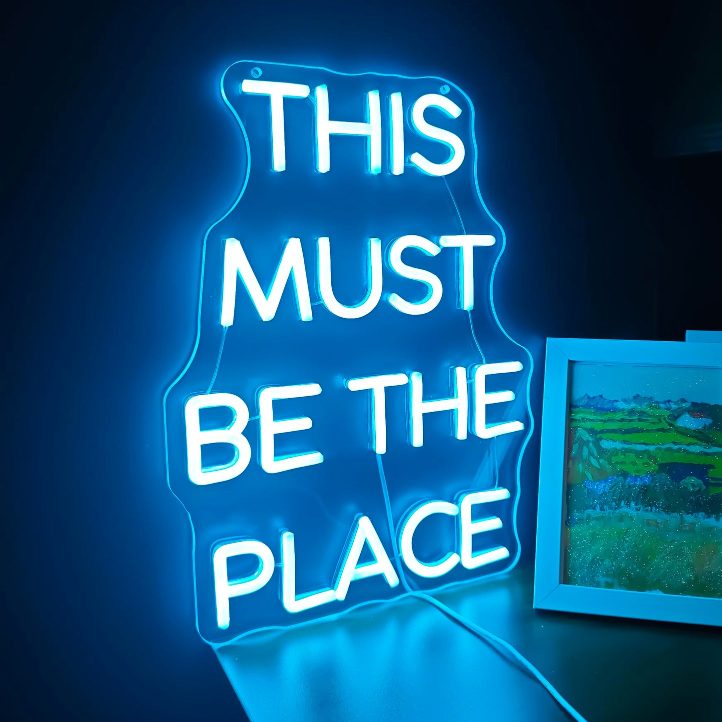 15.8" This Must Be The Place LED Neon Sign - Blue, Dimmable Light for Home, Bedroom, Cafe, Bar Wall Decor - Energy-Efficient Neon Light with Installation Kit - Perfect for Weddings and Birthdays