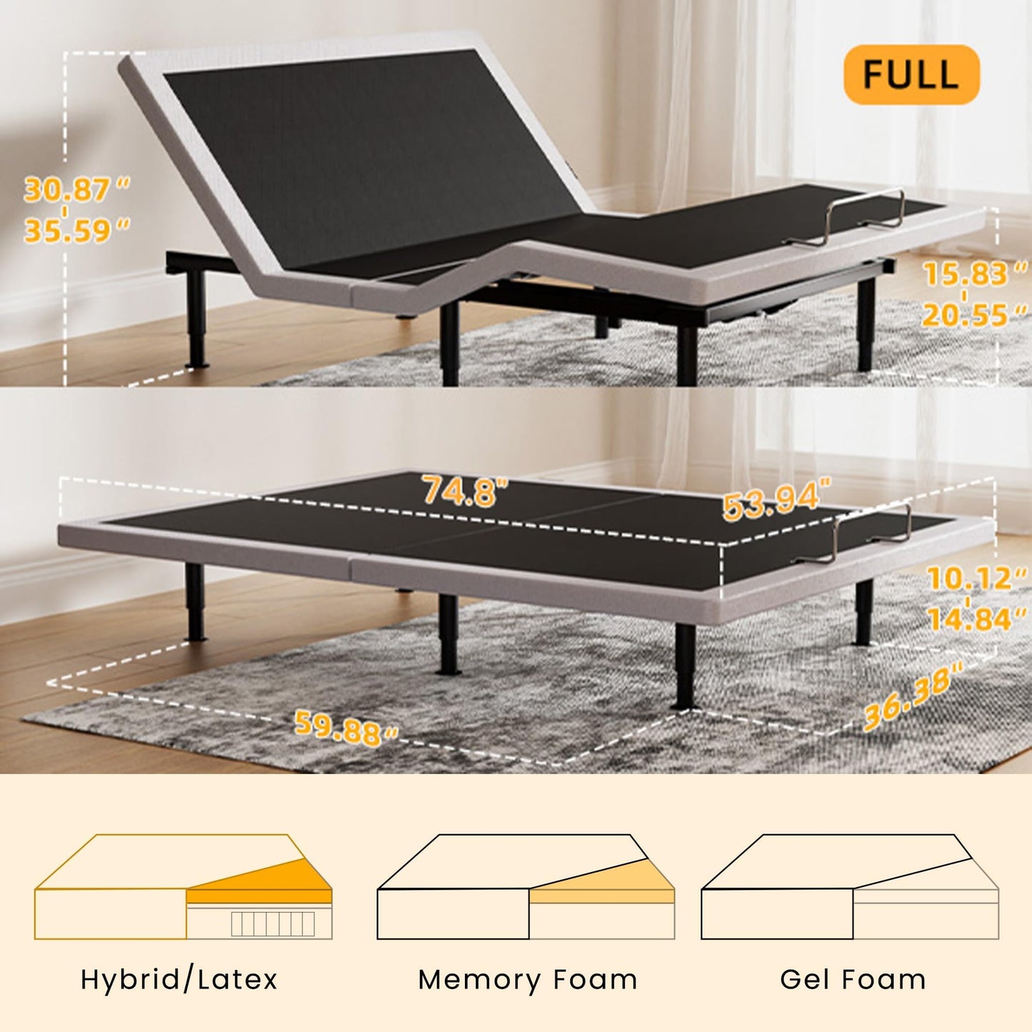 Yireehome Full Adjustable Bed Frame with Massage Adjustable Bed Base with Wireless Remote USB PortsX2 Underbed Light Zero Gravity Height Adjustable Legs