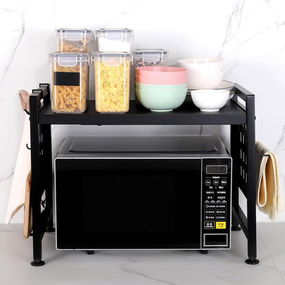 Extendable 2 Tier Microwave Oven Rack - Adjustable Shelf for Kitchen Countertop with 4 Hooks and Pot Lid Support