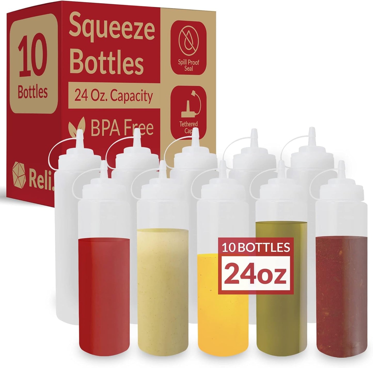 24 oz. 10 Pack 24 Reli. Plastic Squeeze Bottles, | | Condiment Squeeze Bottles for Sauces | Clear w/Tethered Caps |