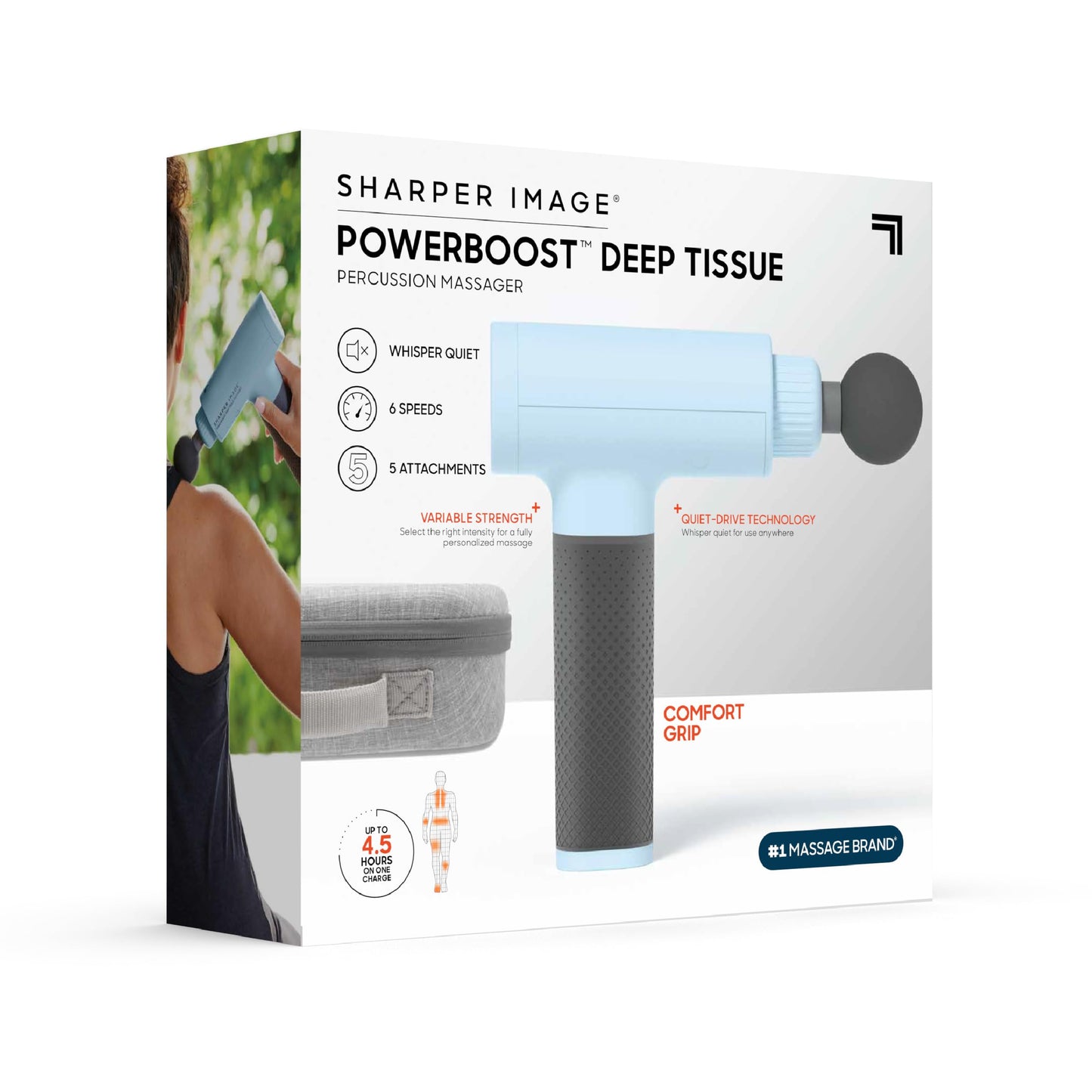 Sharper Image Powerboost Massage Gun – Deep Tissue Percussion Massager| 5 Attachments, 6 Speed| Shoulder Back Leg Muscle Recovery & Pain Relief Massage Tool| Massager Gun| Men & Women Gift