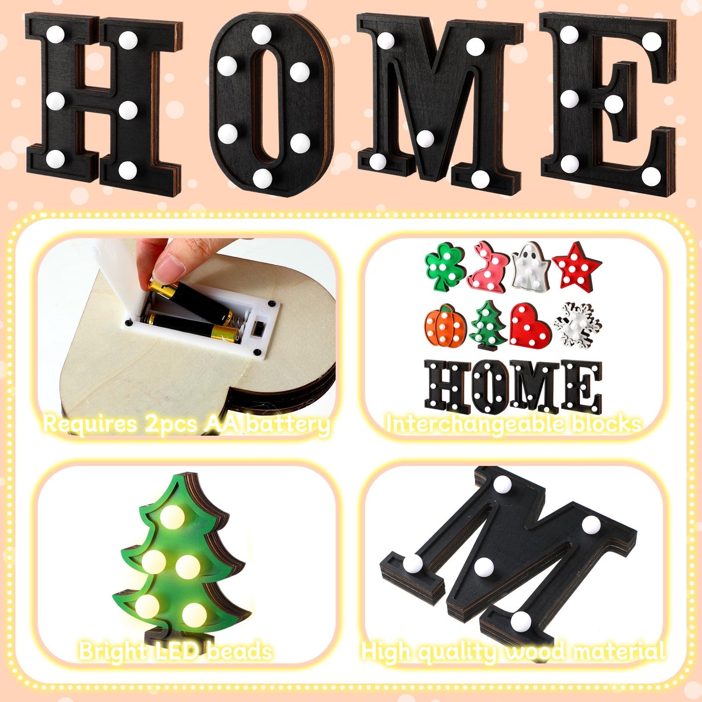 Aurelema Interchangeable Home Table Signs with 8 Pcs Seasonal Icons Wooden "home" Letter Signs with LED Marquee Light up 4th of July Table Decorations Decorative Centerpiece for Room Decoration