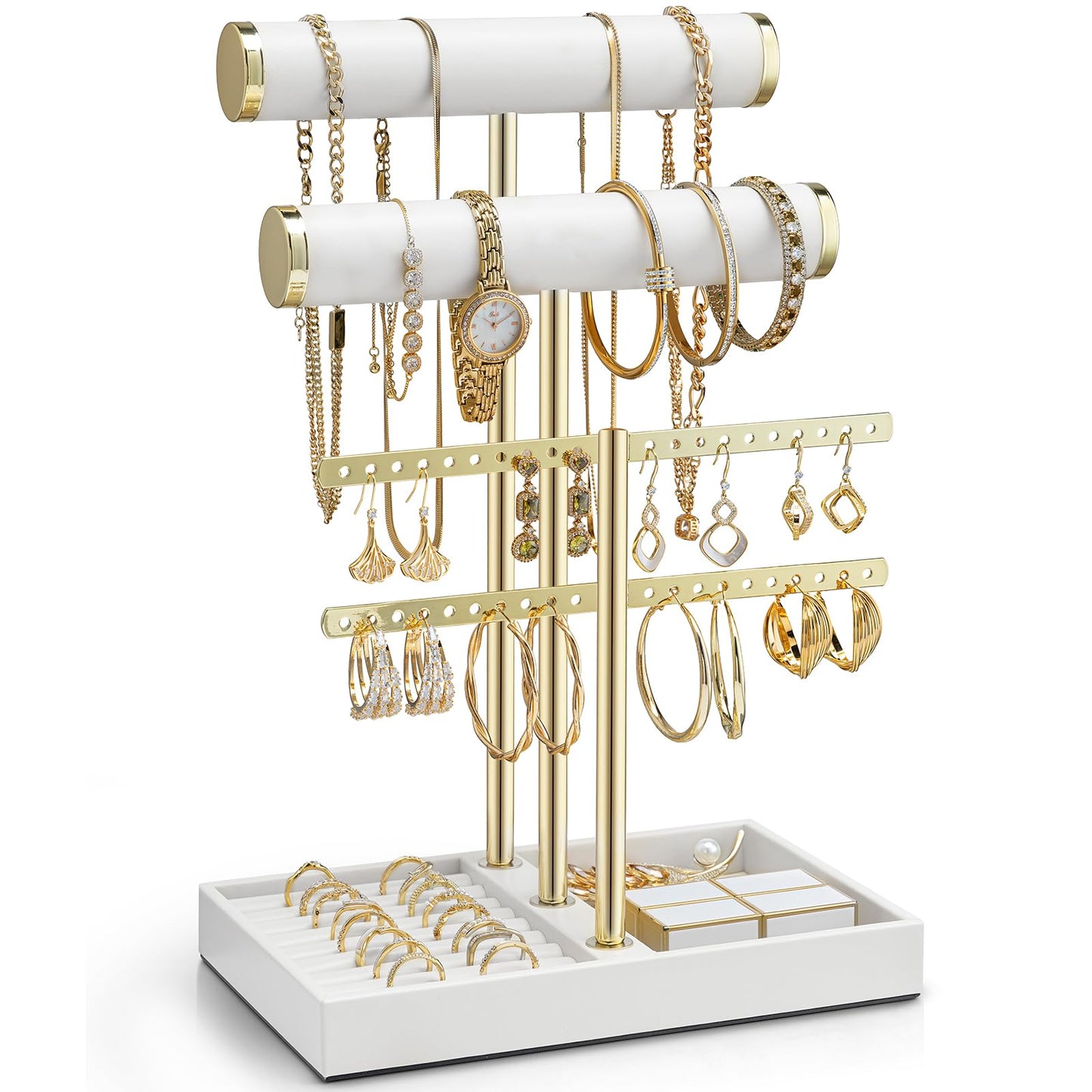 VLANDO 3 Tier Necklace Holder Organizer with Tray, Leather Bracelet Holder Display for Women, Gold Jewelry Stand for Bracelet, Necklace, Earrings, Rings - White
