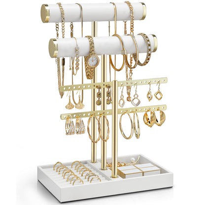 VLANDO 3 Tier Necklace Holder Organizer with Tray, Leather Bracelet Holder Display for Women, Gold Jewelry Stand for Bracelet, Necklace, Earrings, Rings - White
