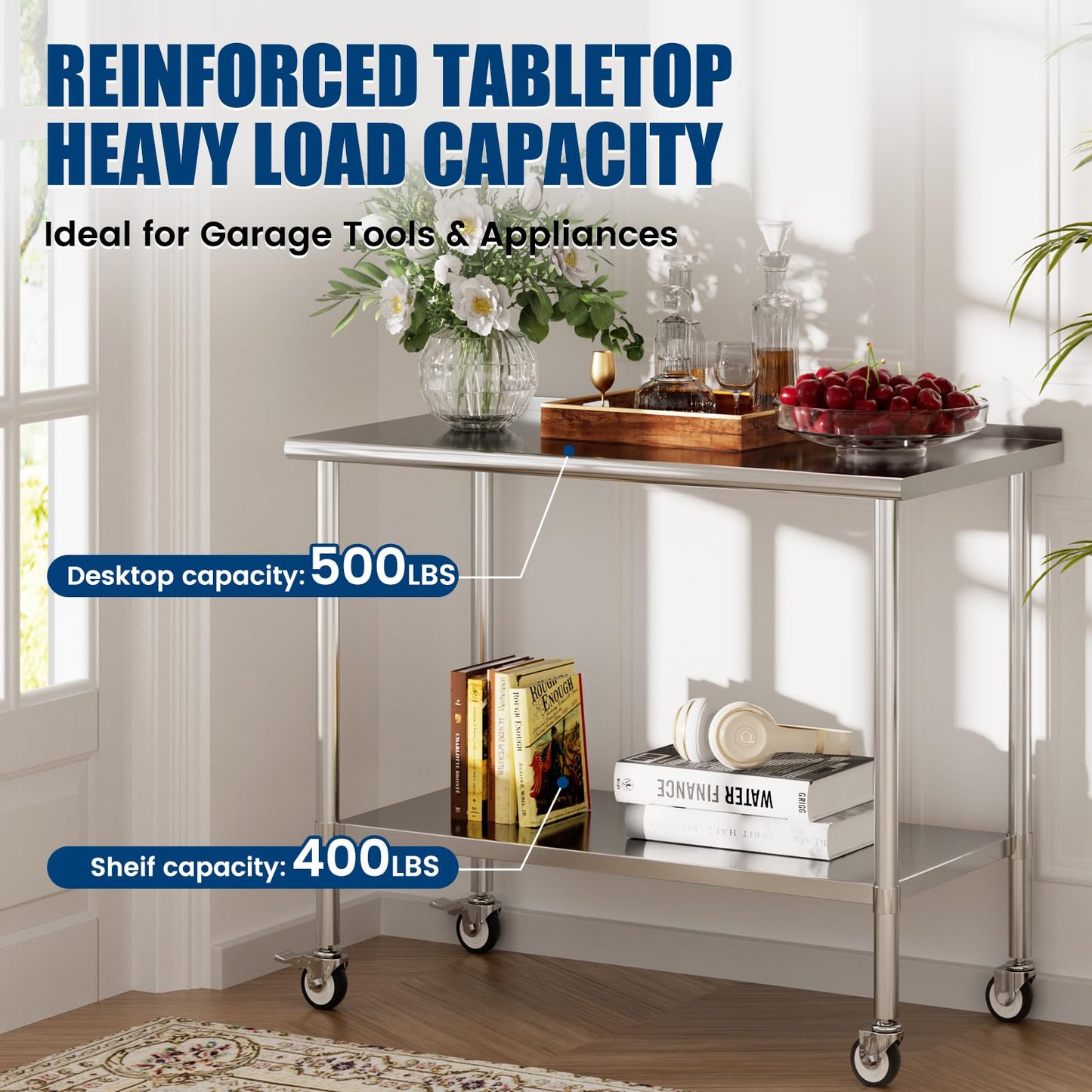Chingoo Stainless Steel Work Table with Wheels, 24x60 Inch NSF Food Prep Table with Backsplash & Adjustable Undershelf for Commercial Kitchen, Restaurant, Garage