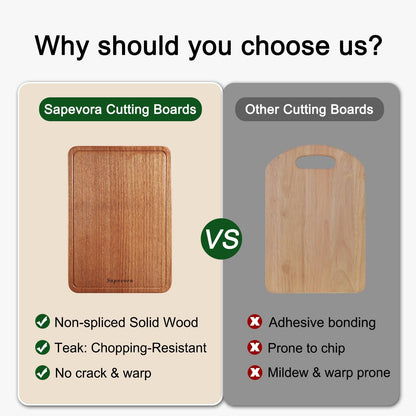 Sapevora Set 15x10.2&11.8X7.9 Solid Teak Wood Cutting Board One Piece Non Glued Large Thick Crack Resistant Wooden