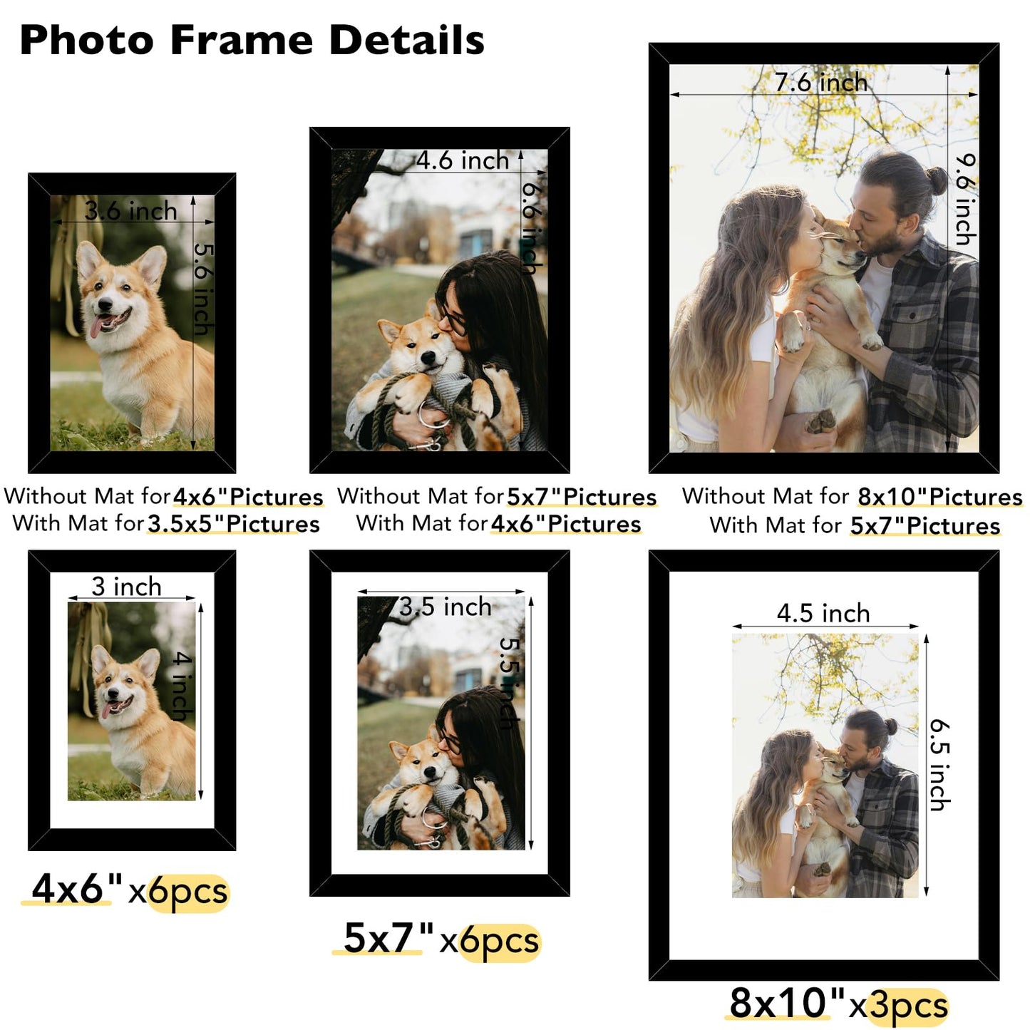 JCJMY 15 Pack Picture Frames Collage Wall Decor for Wall Hanging or Tabletop, Gallery Wall Frame Set for Family, Multi Sizes Photo Frames Collage Including 3Pcs 8x10, 6Pcs 5x7, 6Pcs 4x6, Black