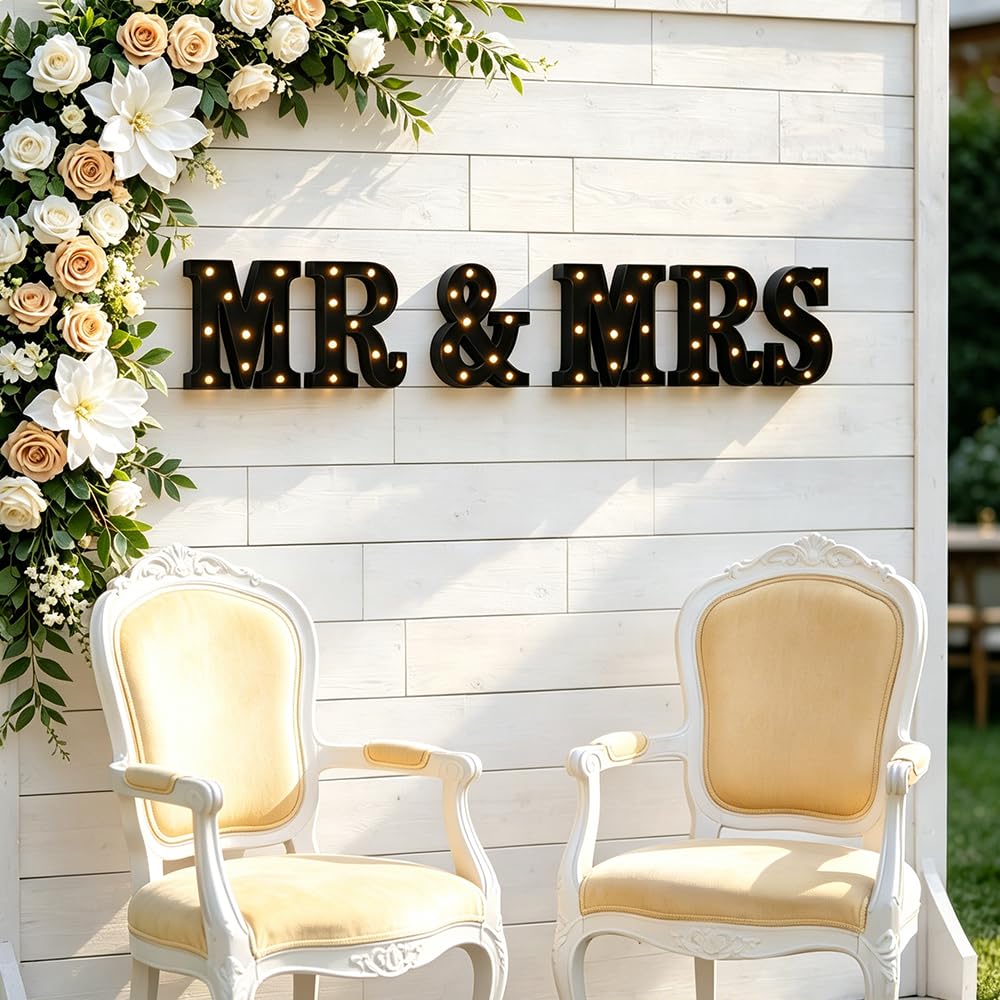 CDIXlmuz Mr & Mrs LED Light Up Letters, Mr & Mrs Sign for Wedding Table, Black LED Marquee Letter Lights Engagement Wedding Decoration, Photo Props, Valentine's Day Anniversary, Battery Operated