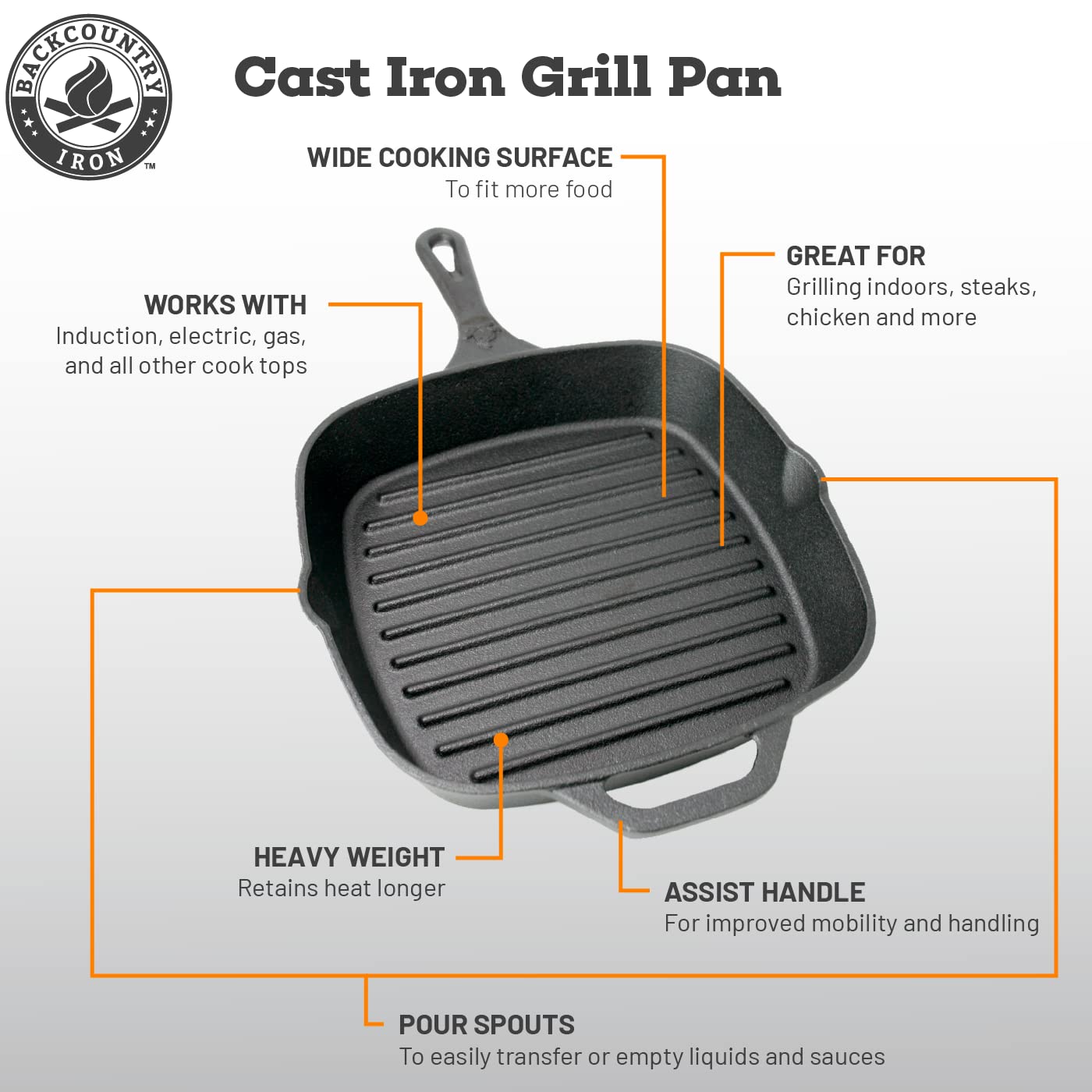 Backcountry Iron 12 Inch Square Grill Pan Large Pre-Seasoned Cast Iron
