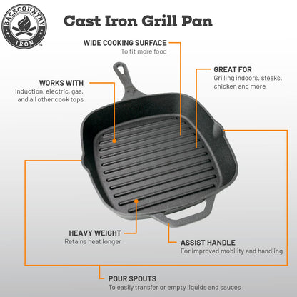 Backcountry Iron 12 Inch Square Grill Pan Large Pre-Seasoned Cast Iron