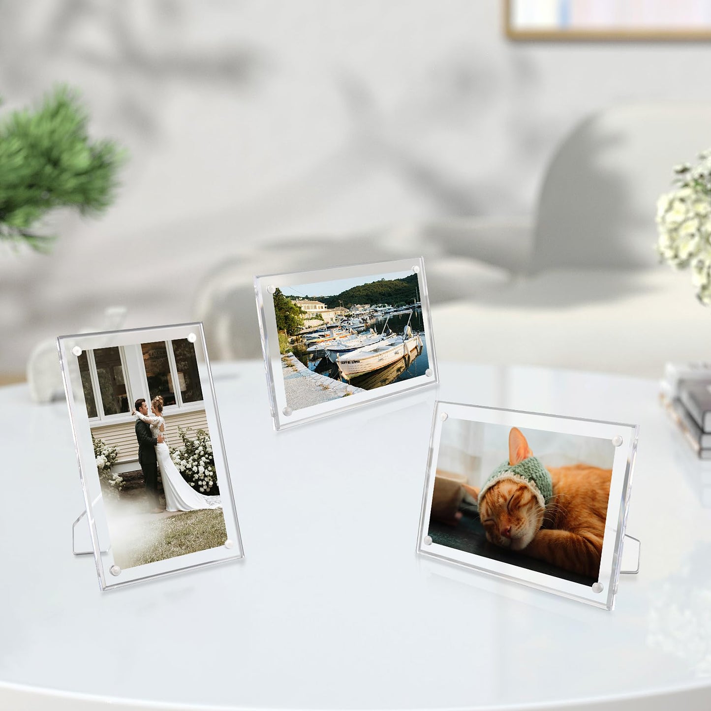 3 Pack 4x6 Acrylic Picture Frames with Stand, Floating Effect, Frameless Frame with Strong Magnets, for Wedding Sign Reception, Decoration, Photos and Art Display