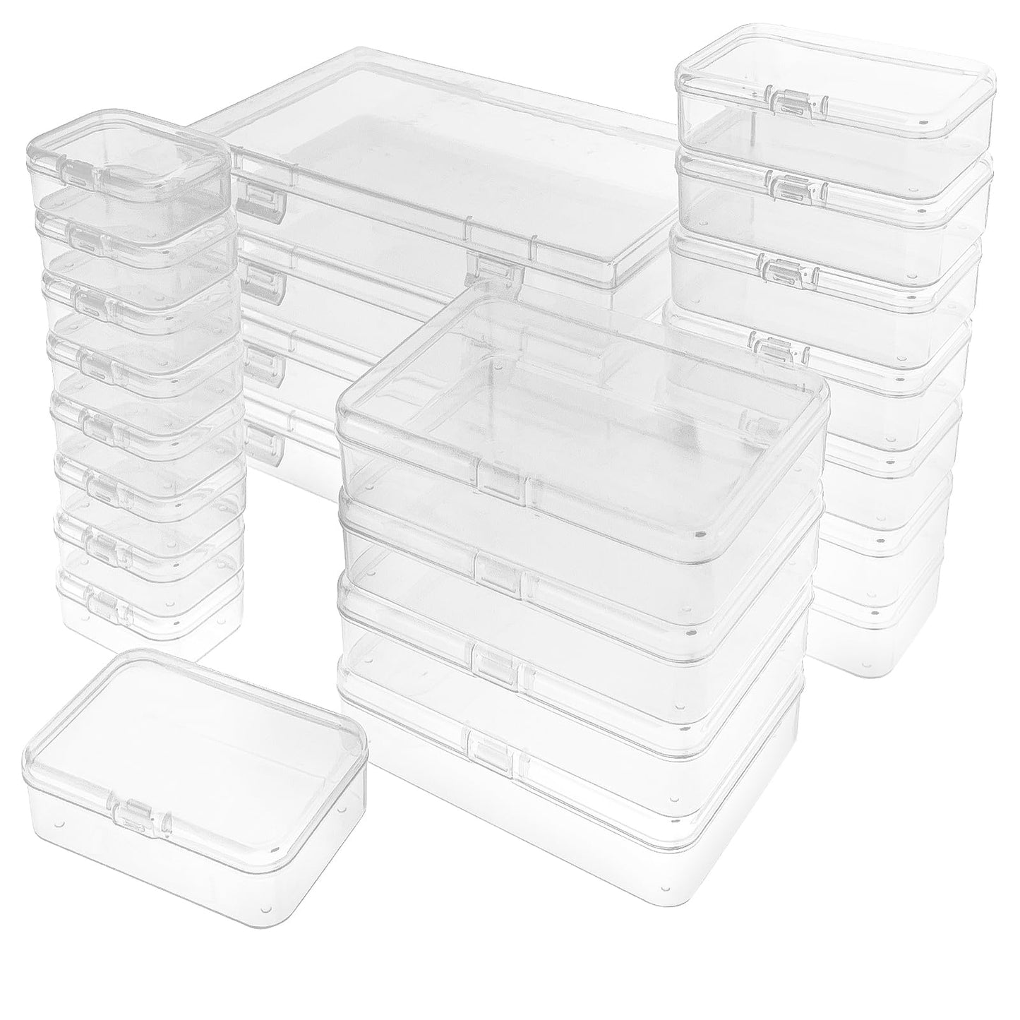 Guyuyii 24-Piece Mixed Sizes Rectangular Small Storage Containers with Lids | Stackable Clear Plastic Organizer Storage Box with Hinged Lids for Small Items, Craft Projects, Cosmetics, and Pills