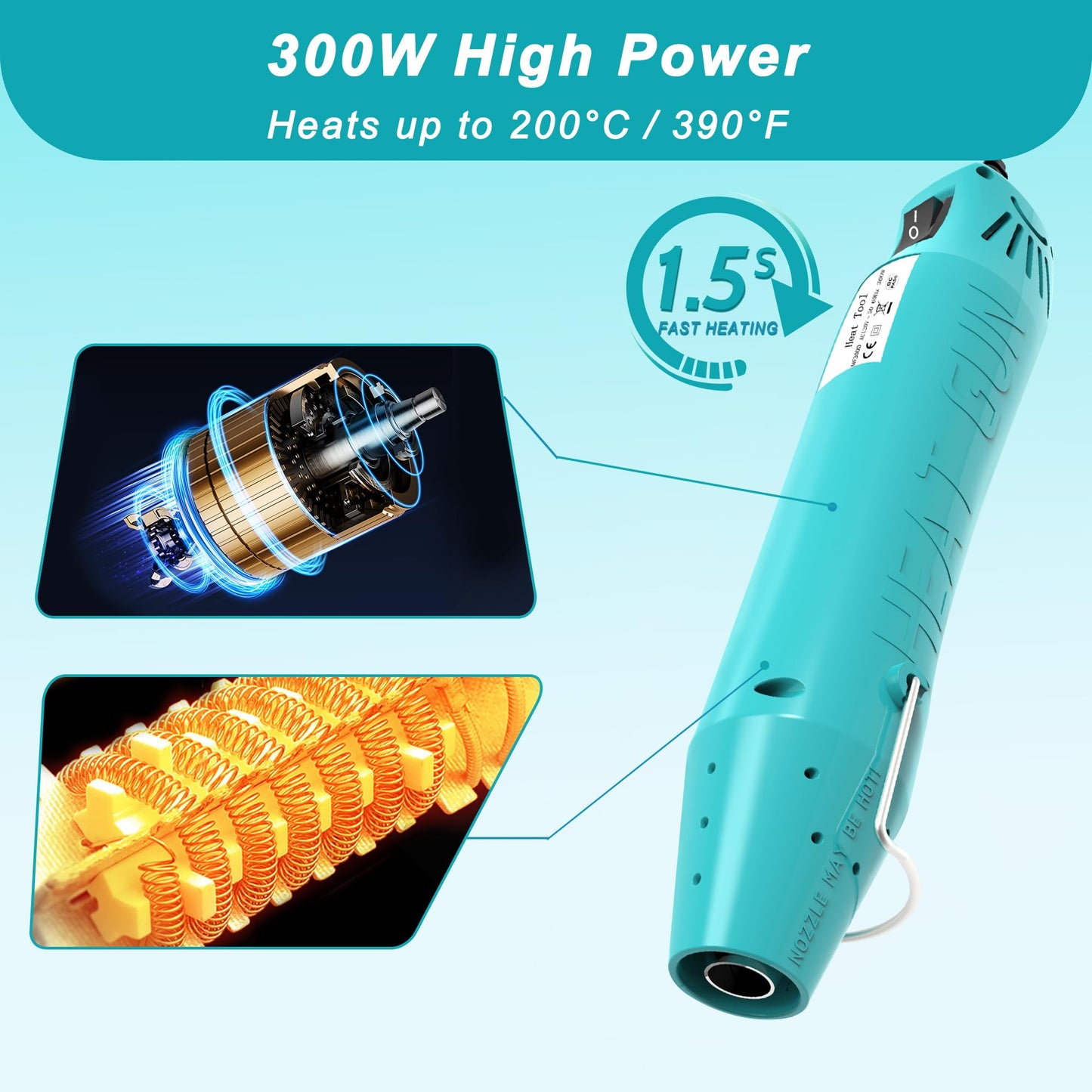 Heat Gun, Mini Heat Gun for Shrink Tubing, for DIY Crafts, 300W Heat Air Gun with Reflector Nozzle, Shrink Wrap Gun Tool for Packaging PVC, Drying Paint, Clay - green