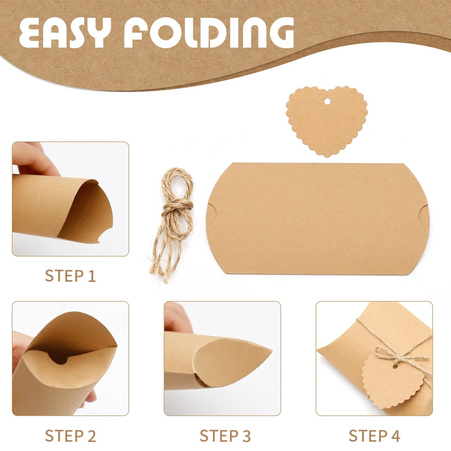 Saihisday 50PCS 5 x 3.5 Inches Kraft Pillow Boxes Large Kraft Pillow Candy Box Mini Foldable Gift Box Gift Boxes Jewelry Soap Packaging for Anniversary, Birthday, Graduation Halloween Party (Heart-shaped Blank Tag)