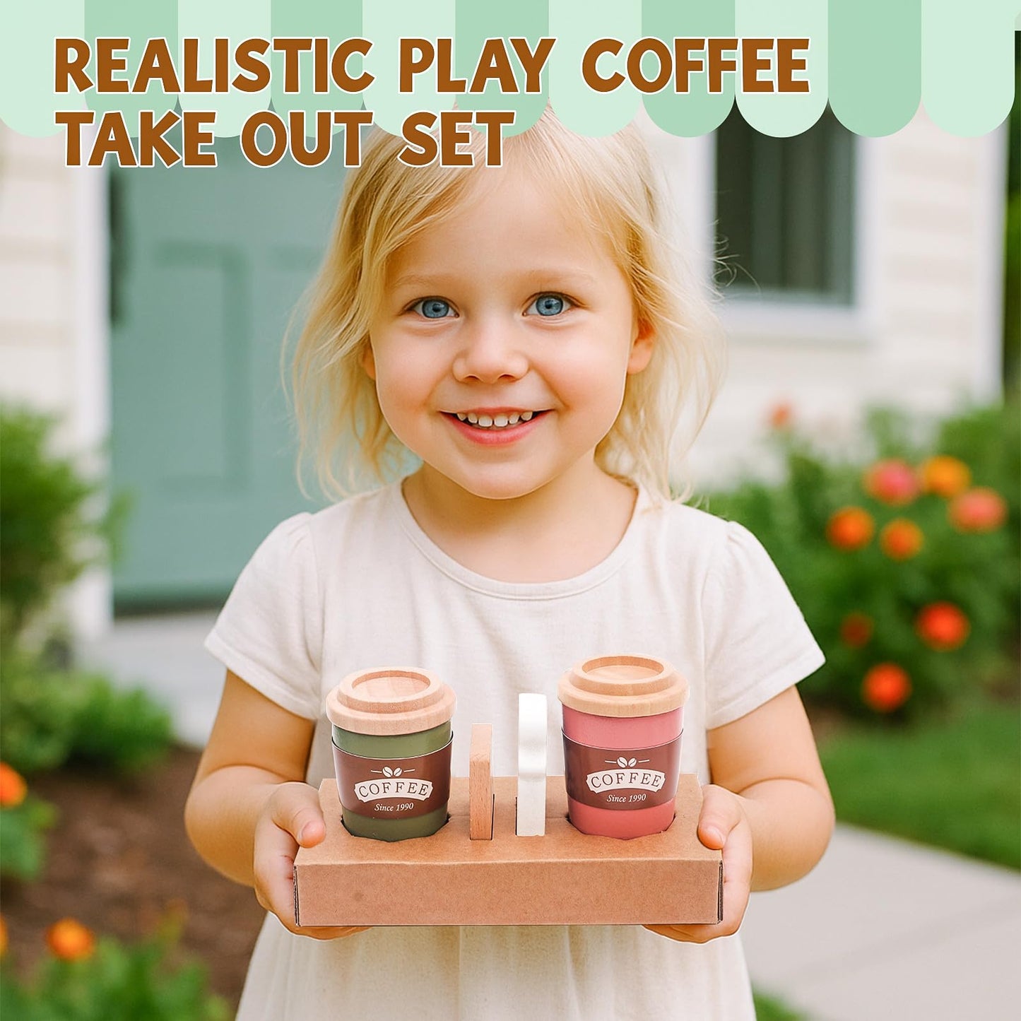 Kids Coffee Playset Toy Coffee Maker Set for Toddler Wooden Kitchen Accessories Pretend Play for Girls Boys Ages Birthday Gifts