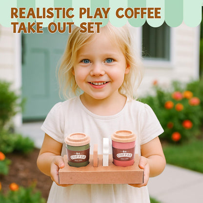 Kids Coffee Playset Toy Coffee Maker Set for Toddler Wooden Kitchen Accessories Pretend Play for Girls Boys Ages Birthday Gifts