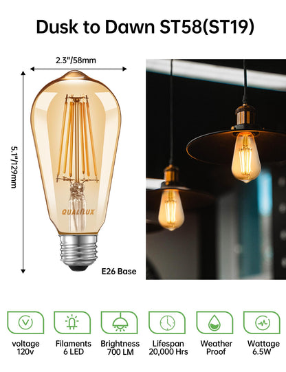Dusk to Dawn Light Bulbs, Auto On/Off Light Sensing LED Bulbs Outdoor, Vintage Amber, Edison ST19 2-Pack, 6.5W 700LM 60W Equivalent, HQ-H027