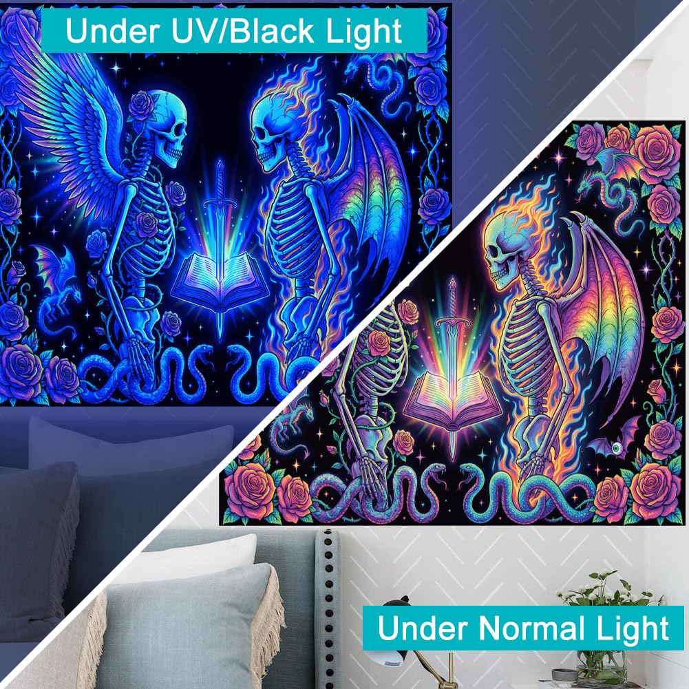 TNKBREEZE Blacklight Tapestry Skeleton Tapestries Wings UV Reactive Black Light Wall Art Glow in the Dark for Bedroom Living Room Dorm Party Decor 51.2 x 59.1 In