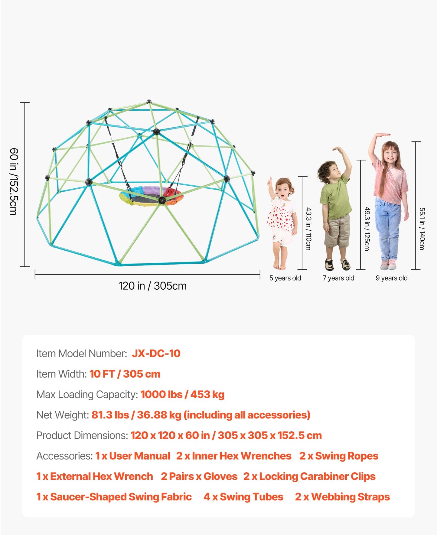 VEVOR Climbing Dome, 10FT Geometric Dome Climber with Saucer Swing, 1000LBS Loading Kid's Jungle Gym Playground, Easy-Assembly Outdoor Backyard Climbing Equipment for Boys Girls 3 to 10 Years Old