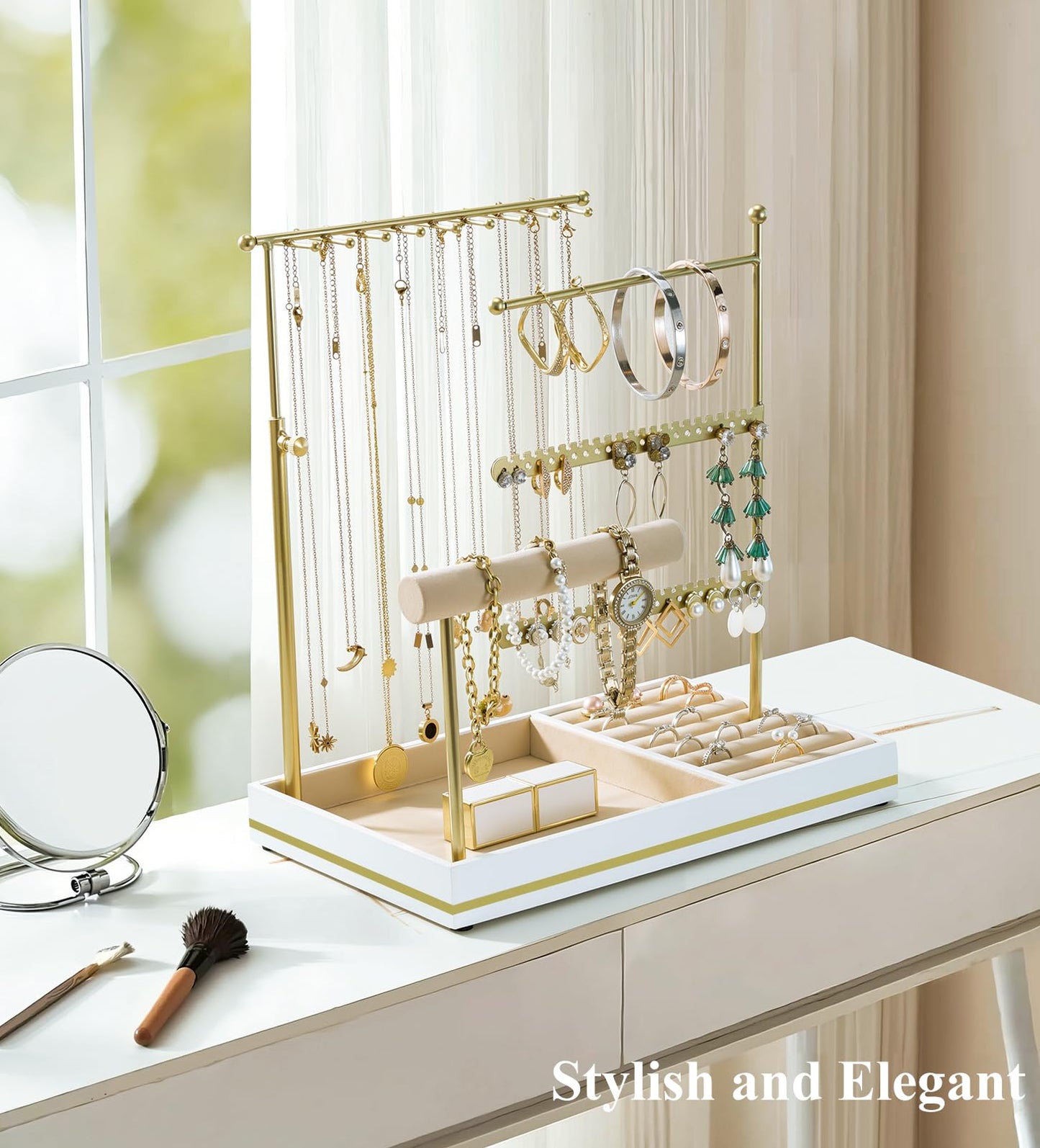 Emibele Jewelry Holder, Jewelry Organizer Stand Necklace Earrings Bracelet Holder, 5 Tier Jewelry Display Tower Rack with Metal Frame and Velvet Ring Tray, Aesthetic Jewelry Stand Gift for Women, Gold