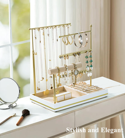 Emibele Jewelry Holder, Jewelry Organizer Stand Necklace Earrings Bracelet Holder, 5 Tier Jewelry Display Tower Rack with Metal Frame and Velvet Ring Tray, Aesthetic Jewelry Stand Gift for Women, Gold