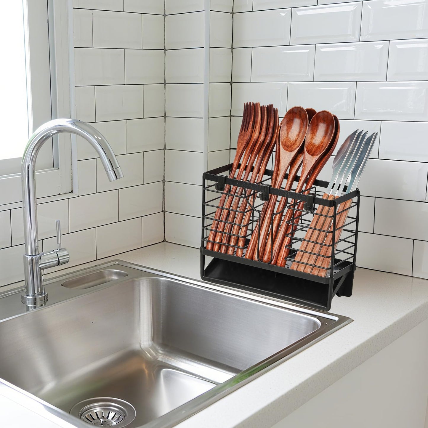 Utensil Holder, Stainless Steel Utensil Drying Rack with 3 Compartments and Automatic Drain Tray for Kitchen Counter, Silverware Cutlery Flatware Holder Forks, Knives, Spoons, Chopsticks Organizer
