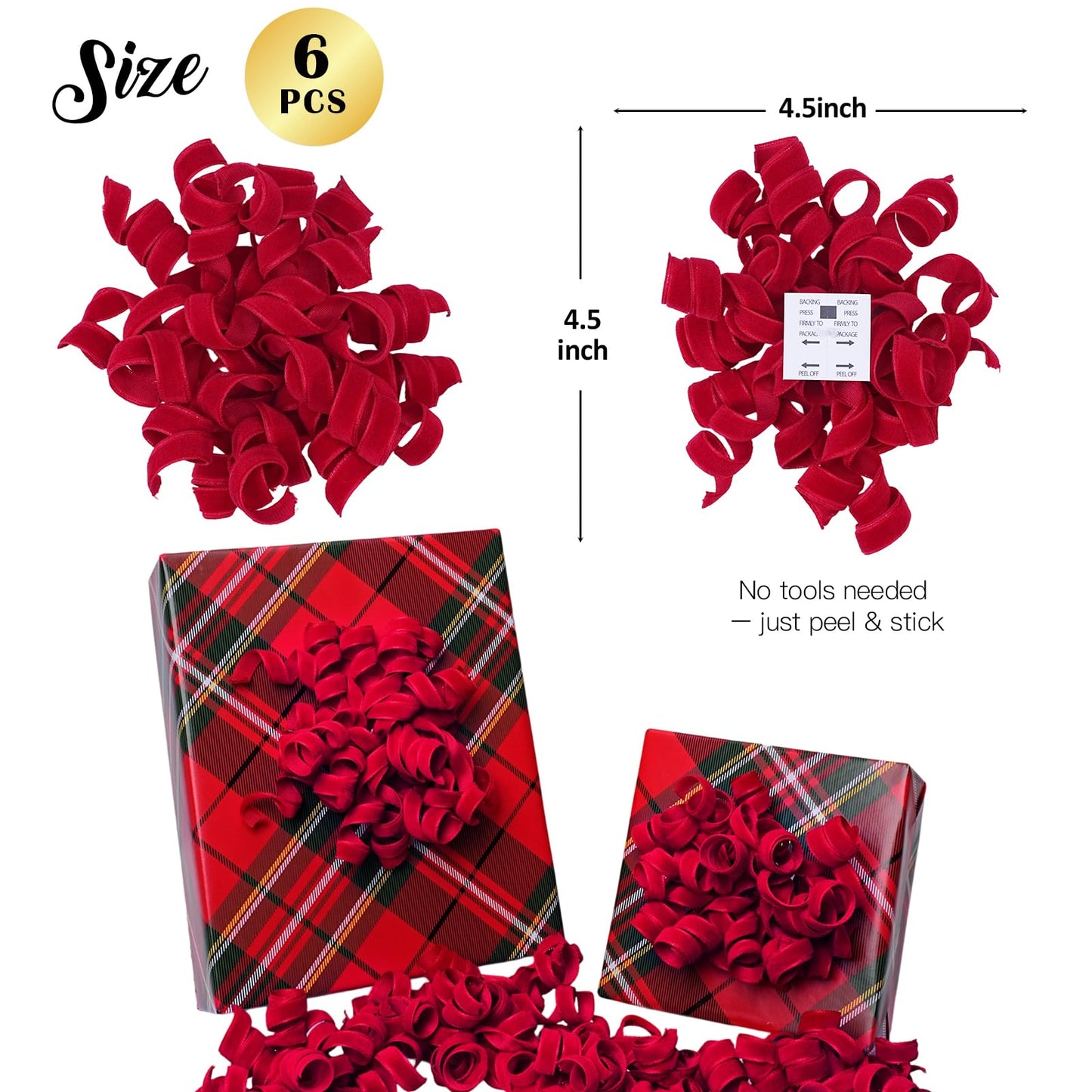LaRibbons Velvet Red Bows - Curly Ribbon Gift Bows, Self Adhesive for Holiday Gifts, Birthday Party, Wedding Gifts, Gift Wrapping - 6 Counts