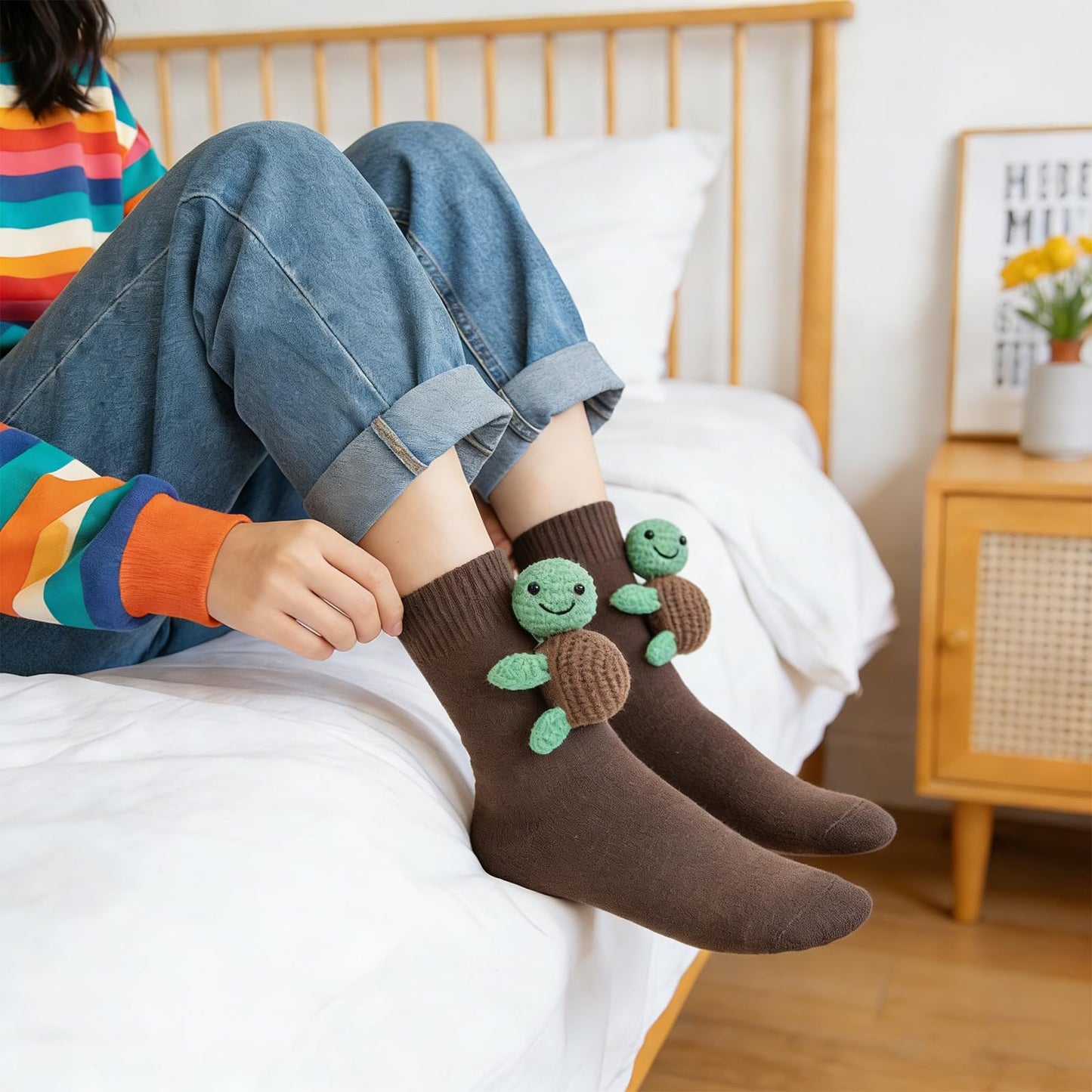 Whaline 3D Knit Animal Sock Turtle Socks Brown Funny animal Hug Cotton Socks for Holiday Christmas Party Gift Supplies, 1 Pair