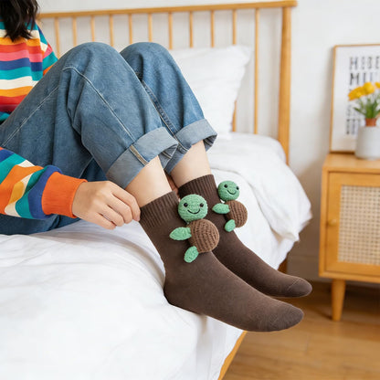 Whaline 3D Knit Animal Sock Turtle Socks Brown Funny animal Hug Cotton Socks for Holiday Christmas Party Gift Supplies, 1 Pair