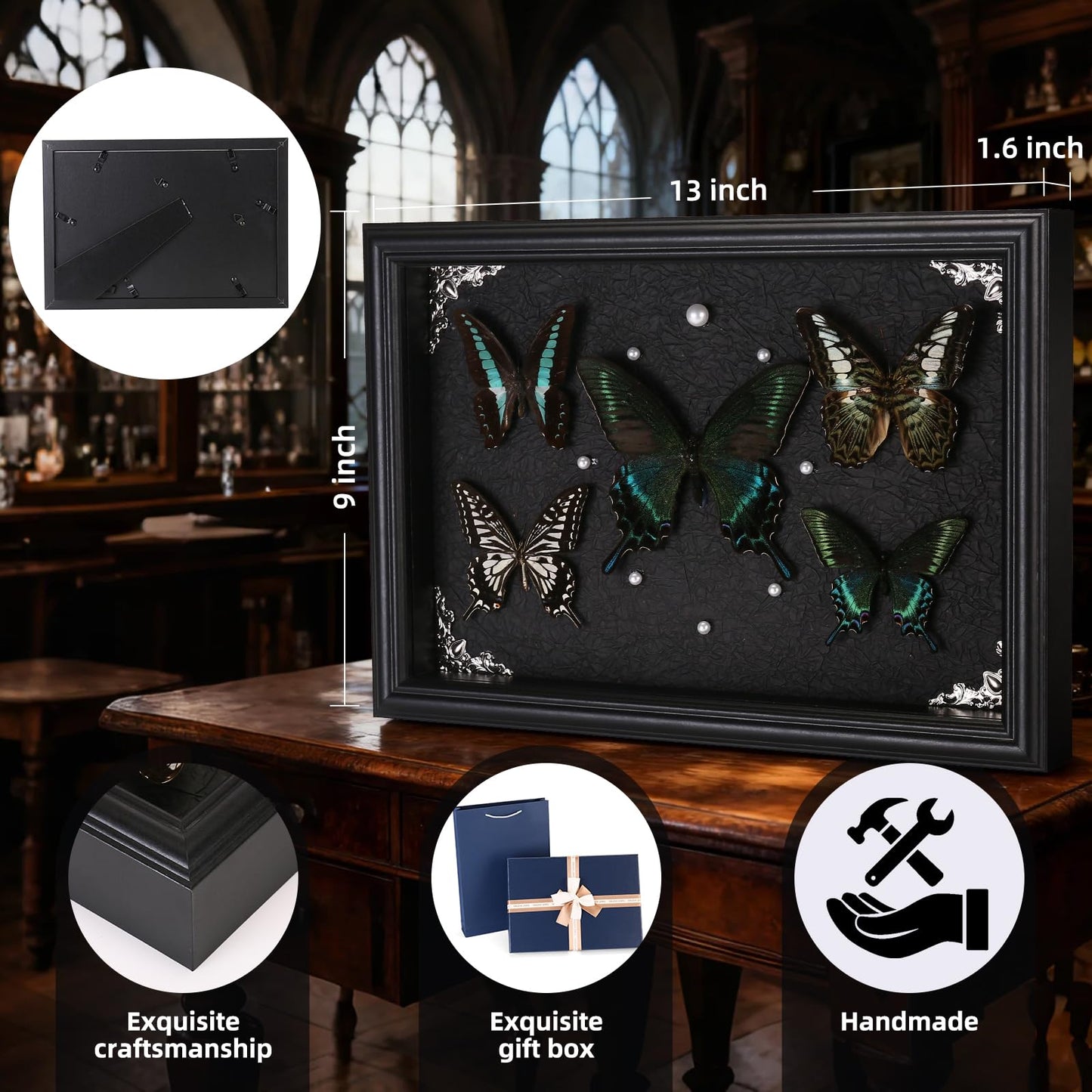Real Framed Butterfly Taxidermy Collection - Set of 5 in Shadow Box Display - Natural Wood Frame with Museum Quality Preservation - for Home Decor, Wall Art, Gift