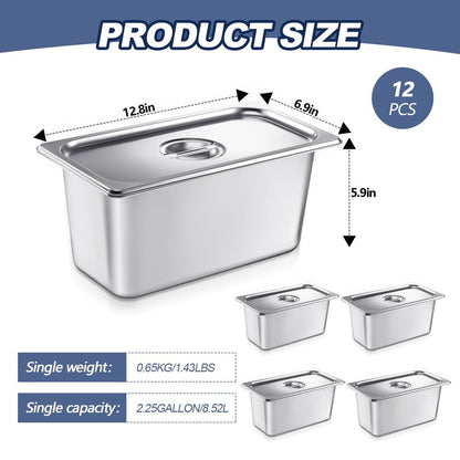 Mifoci 12 Pack Stainless Steam Hotel Pan with Lid, 1/3 Size x 6 Inch Deep Restaurant Supplies Reusable Anti Rust Steam Water Pan for Home, Party, Restaurant, Hotel, Buffet