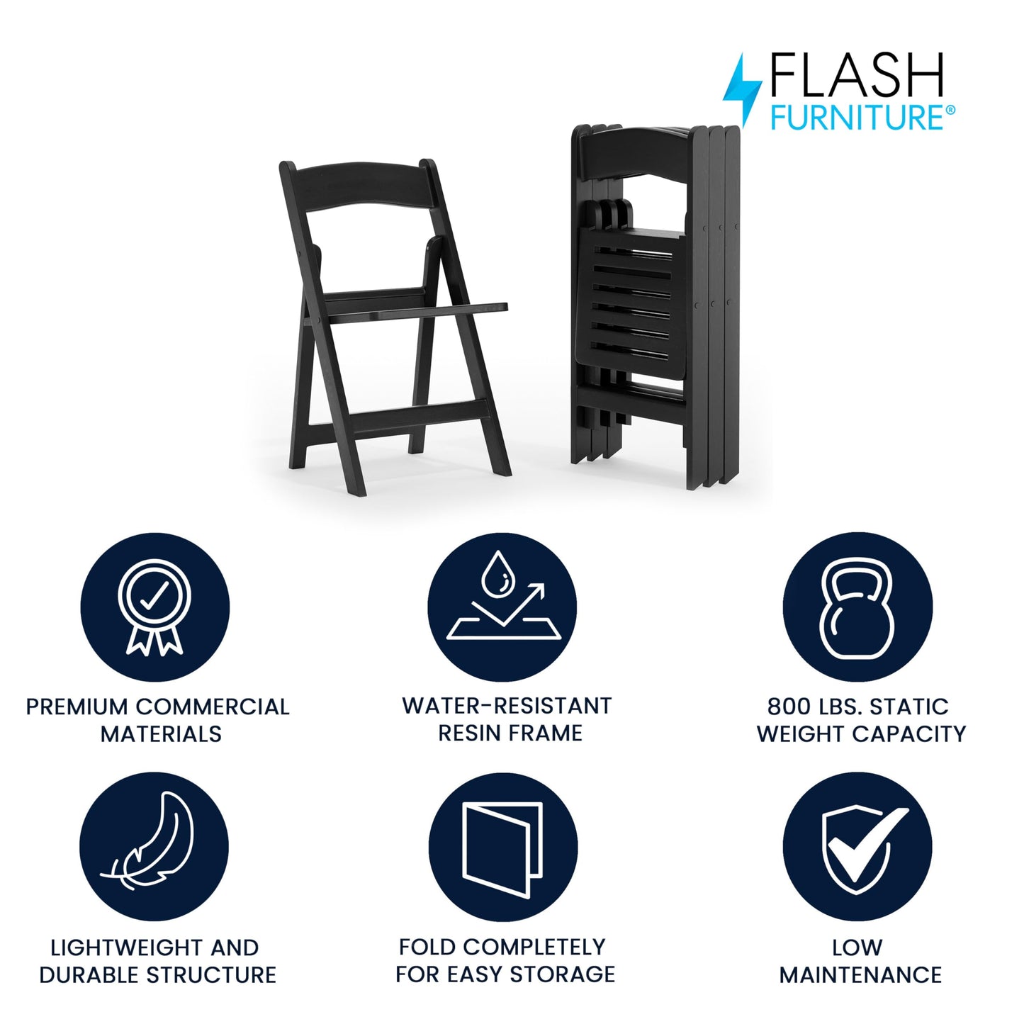 Flash Furniture Hercules Commercial Indoor/Outdoor Folding Event Chair, Wood Look, Weather-Resistant, Lightweight Design, Versatile Use, Set of 4, Black