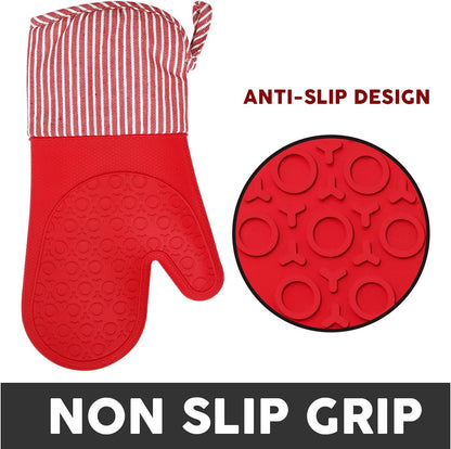 MIJOTEX Heat Resistant Silicone Oven Mitts, Set of 2 Extra Long Quilted Liner, 13 inch (RED)