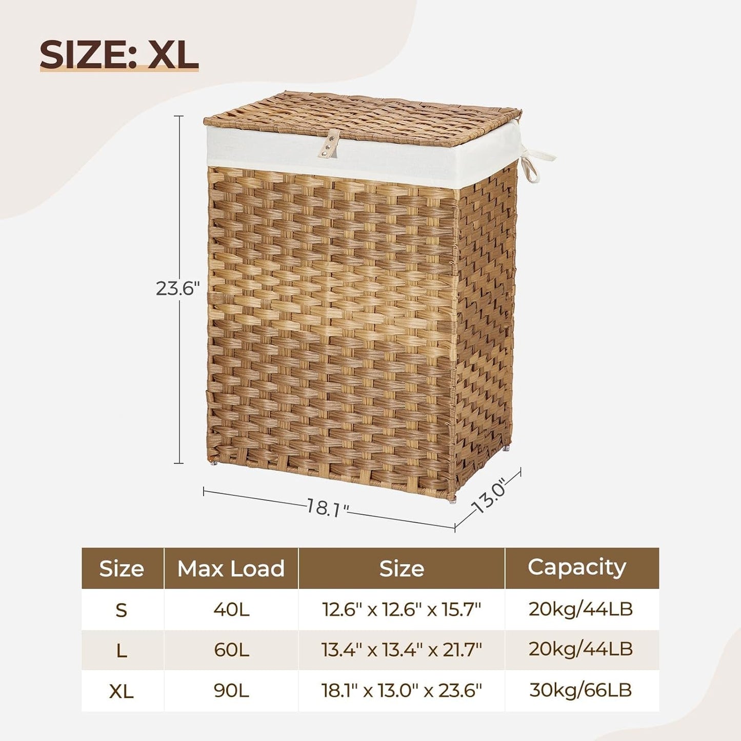 GREENSTELL Laundry Hamper - 90L Clothes Hamper with Lid, 2 Removable Liner Bags & 2 Mesh Laundry Bags, Handwoven