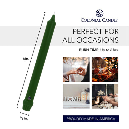 Colonial Candle Unscented Taper Candle, Classic Collection, Evergreen, 8 In, Pack of 12 - Up to 6 Hours Burn