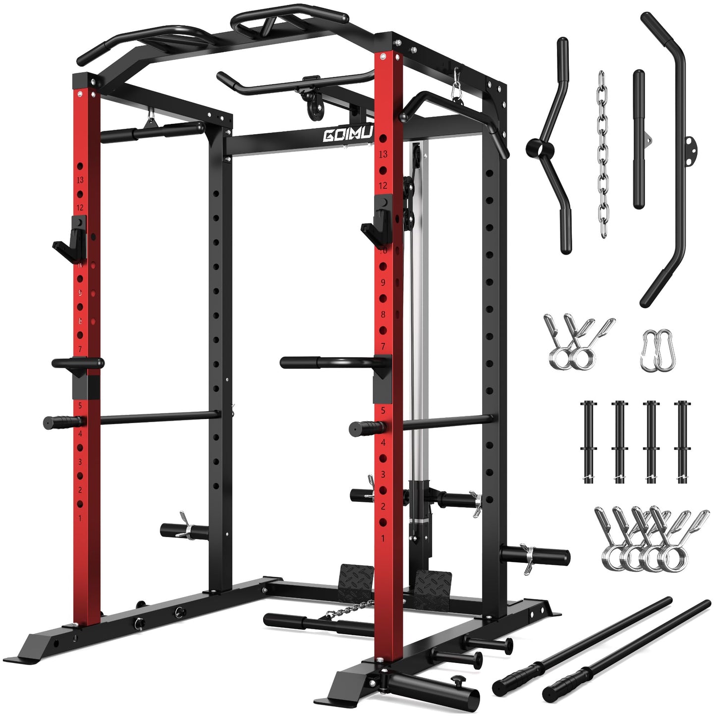 Goimu C1-V4 Power Cage, 2000LBS Squat Rack with LAT Pulldown, Multi-Function Weight Cage Strength Training Machine, Workout Cage with More Attachments for Home Gym Garage (C1-SE RD)