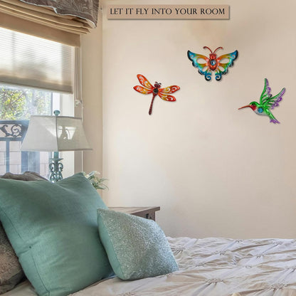 Yonivexis Hummingbird Butterfly Dragonfly Metal Wall Art Decor, Outdoor Hanging Decorations for Garden, Living Room,
