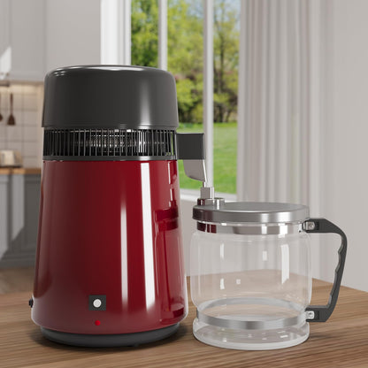 GarveeHome Water Distillers for Home Countertop, 1 gal/4 L Stainless Steel Distilled Water Machine with Glass Container, 750W Desktop Drinking Purifier Filter Distilling Kit, Red