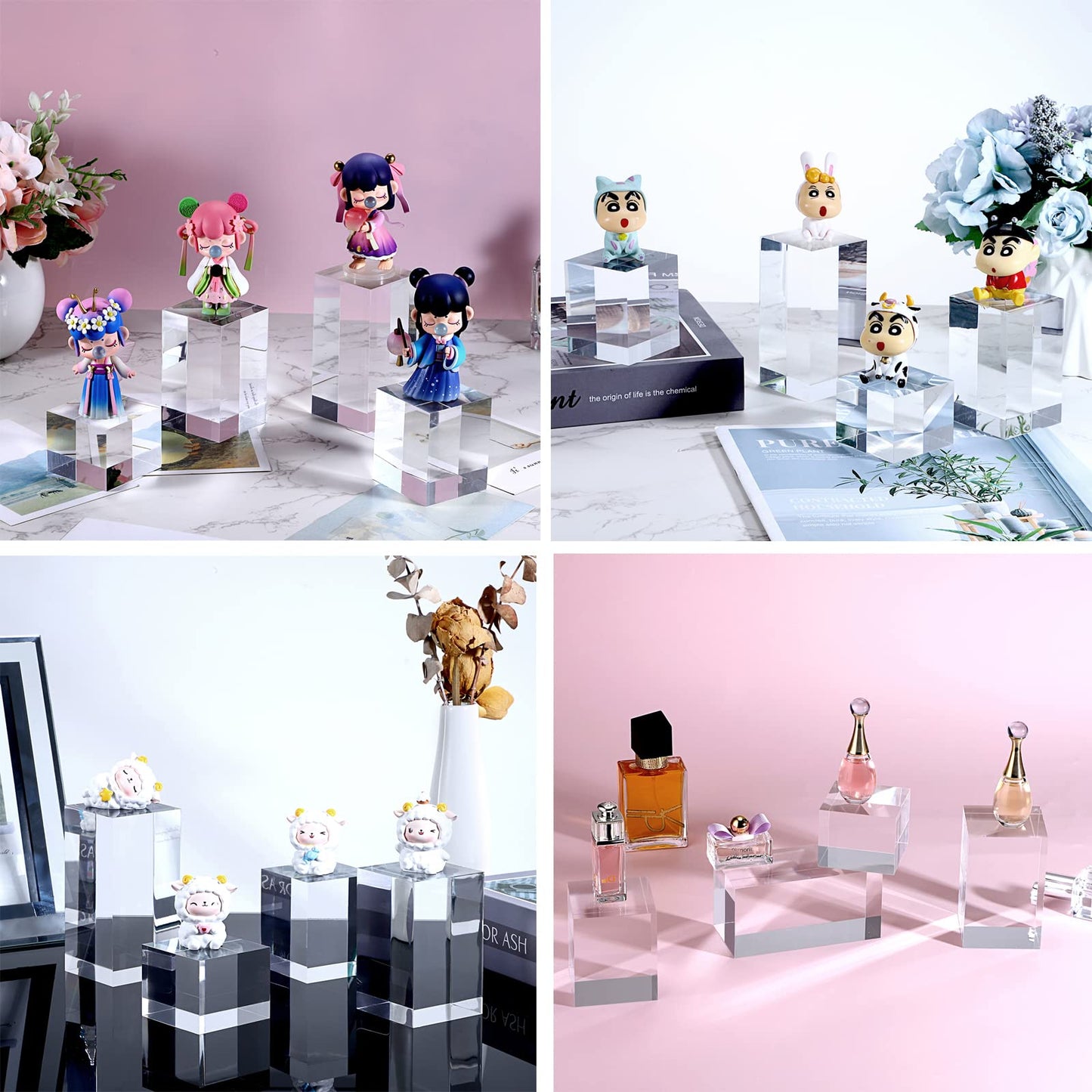 Hipiwe 4PCS Acrylic Display Risers Stand Clear Square Action Figures Collection Organizer Holder Collectibles Display Blocks Tabletop Jewelry Perfume Display Stand Photography Props