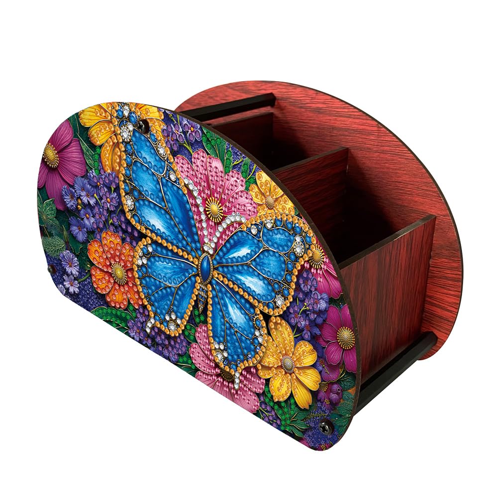 POETRYDRAW DIY Butterfly Diamond Art Painting Wooden Storage Box – Multi-Grid Moon Fan Makeup Brush Organizer, Double-Sided Drill Tabletop Holder for Women, Office & Home Decoration