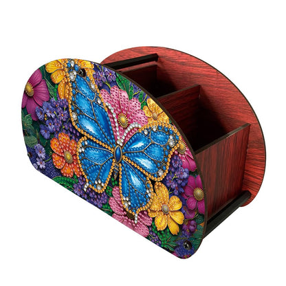 POETRYDRAW DIY Butterfly Diamond Art Painting Wooden Storage Box – Multi-Grid Moon Fan Makeup Brush Organizer, Double-Sided Drill Tabletop Holder for Women, Office & Home Decoration