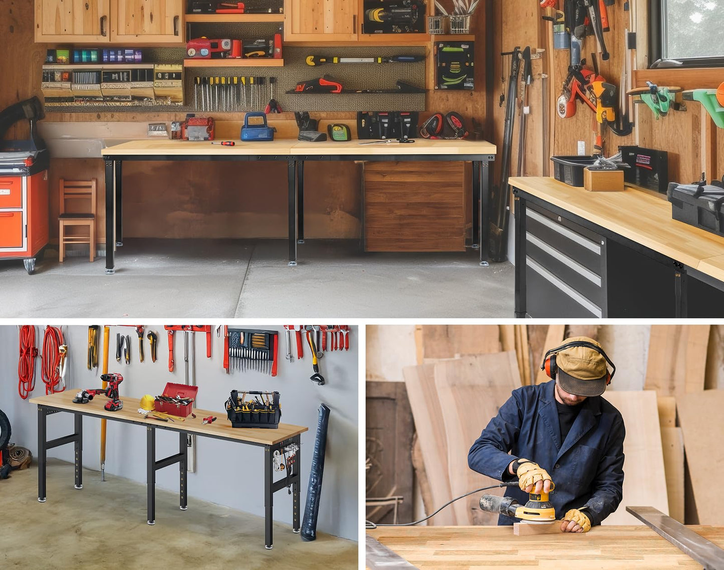 MUWOOD 96”Adjustable Work Bench, 5000 LBS Capacity Heavy Duty Workbench with Power Outlet & Pegboard, Rubber Wood Work Table for Garage, Workshop, Office, Home