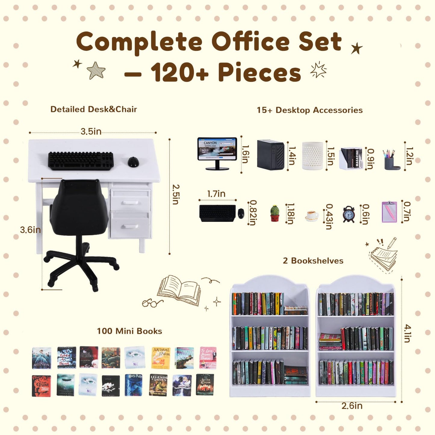 1:12 Scale Mini Desk Set with 100 Mini Books & 2 Bookshelves — Miniature Dollhouse Furniture Set with Office Chair, Computer & 15+ Accessories — Mini Desk Accessories for Doll House Diorama