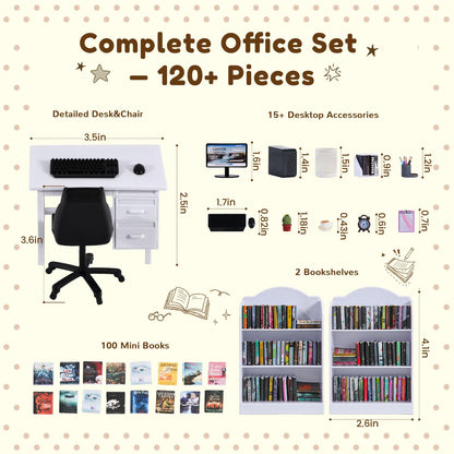 1:12 Scale Mini Desk Set with 100 Mini Books & 2 Bookshelves — Miniature Dollhouse Furniture Set with Office Chair, Computer & 15+ Accessories — Mini Desk Accessories for Doll House Diorama