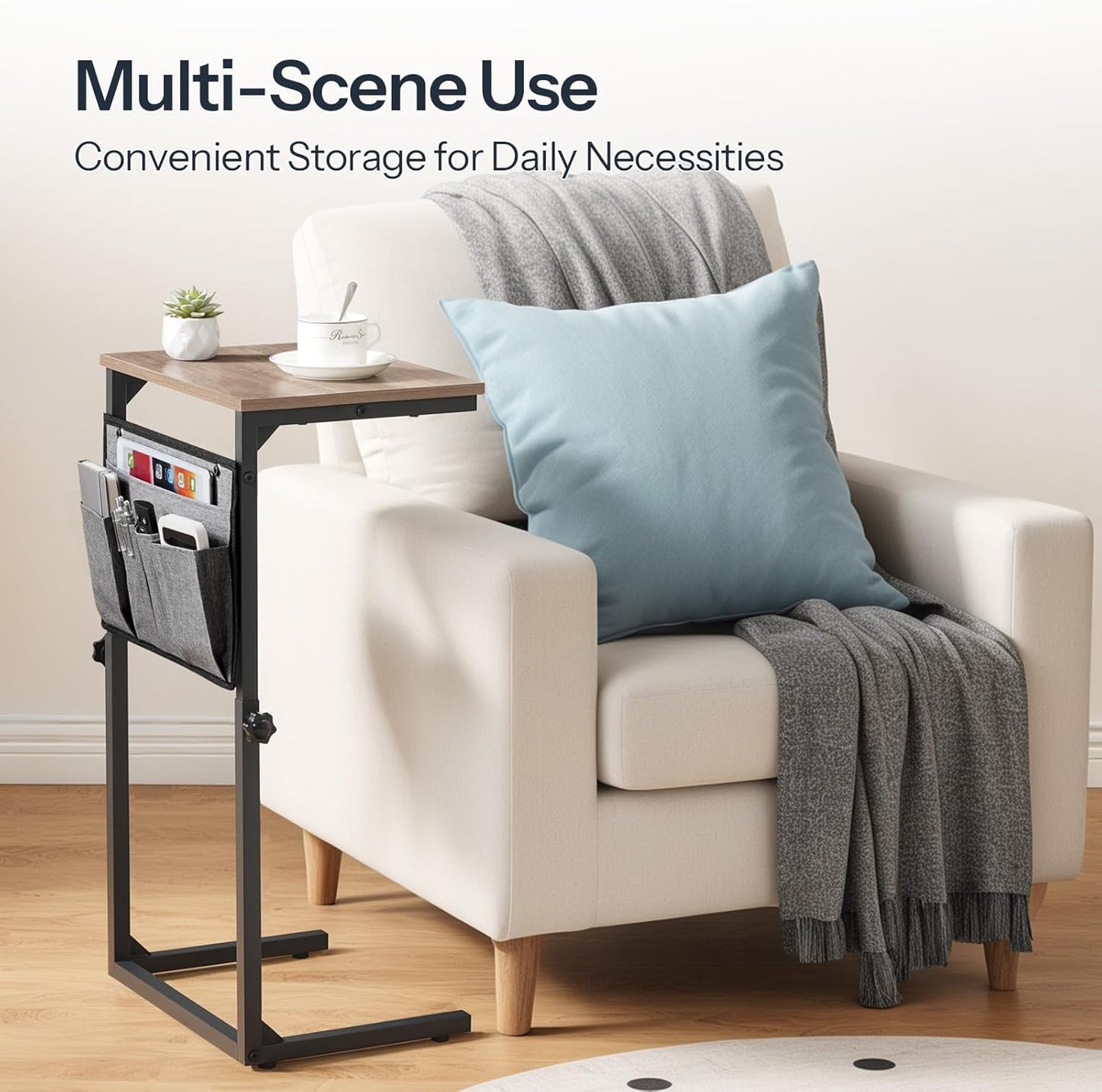 BG77SF01 HOOBRO C Shaped End Table, Adjustable Height Side Table for Sofa, Couch Side Table for Small Spaces, Slide