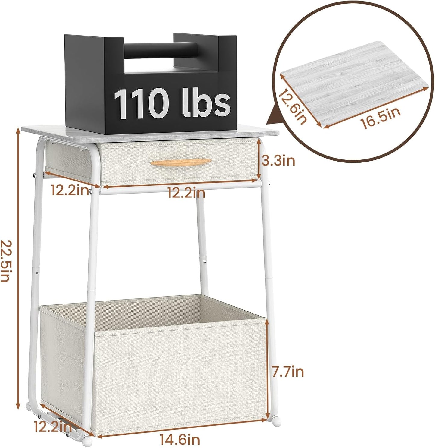 3-Tier Olldide Bedside Table with Storage, Modern Square Nightstand with Fabric Storage Basket & Drawers