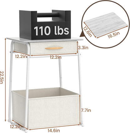 3-Tier Olldide Bedside Table with Storage, Modern Square Nightstand with Fabric Storage Basket & Drawers