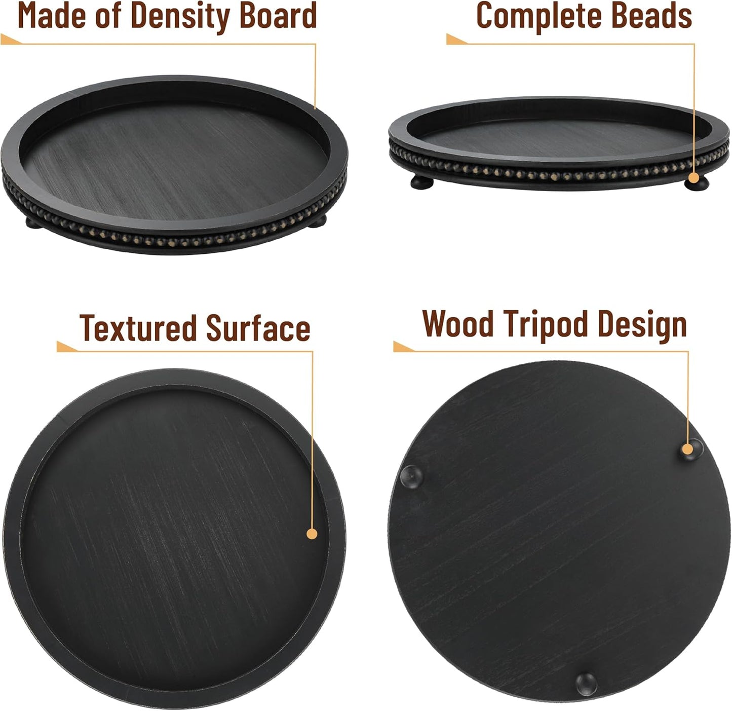 12", Bamboo Land- Round Decorative Trays for Coffee Table, Black, Wood Tripod & Beaded Design, Wooden Round Tray