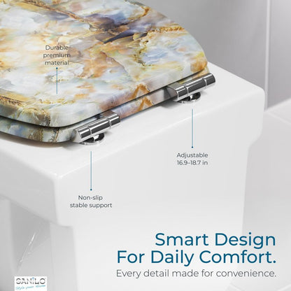SANILO Wooden Toilet Seat with Soft Close [ROUND] - Decorative, Quiet & Slow Close Molded Wood Seat - With Strong Bumpers & Hinges - Adjustable Fit – Marble Brown