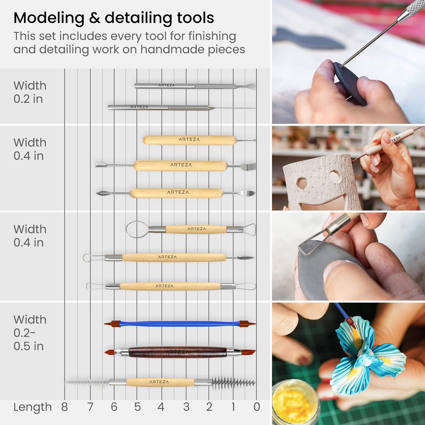 ARTEZA Pottery & Sculpting Tools, 42-Piece Clay Tools Set with Wooden Handles & Steel Tips for Polymer Clay, Ceramics, Carving, Modeling, Shaping & Smoothing